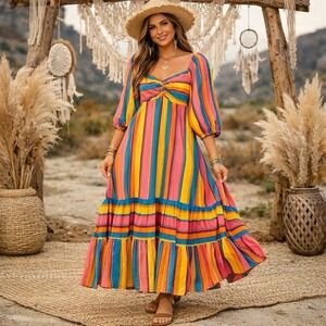 Farm Rio for Anthropologie Sz Small Maxi Dress Multi Stripe Coastal Cottagecore